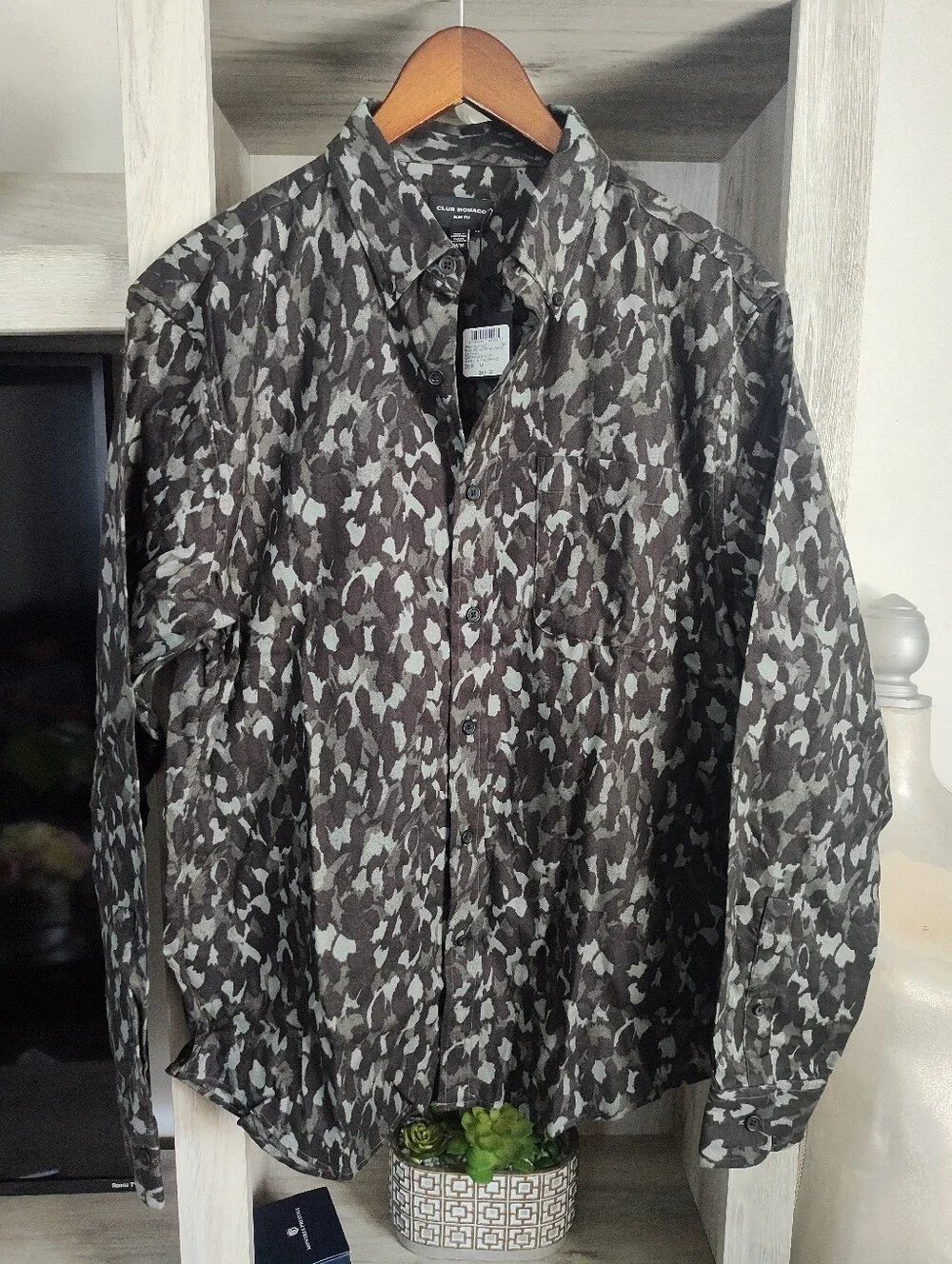 Club Monaco Men's Black and Gray Camouflage Shirt Jacket SZ M Slim Fit